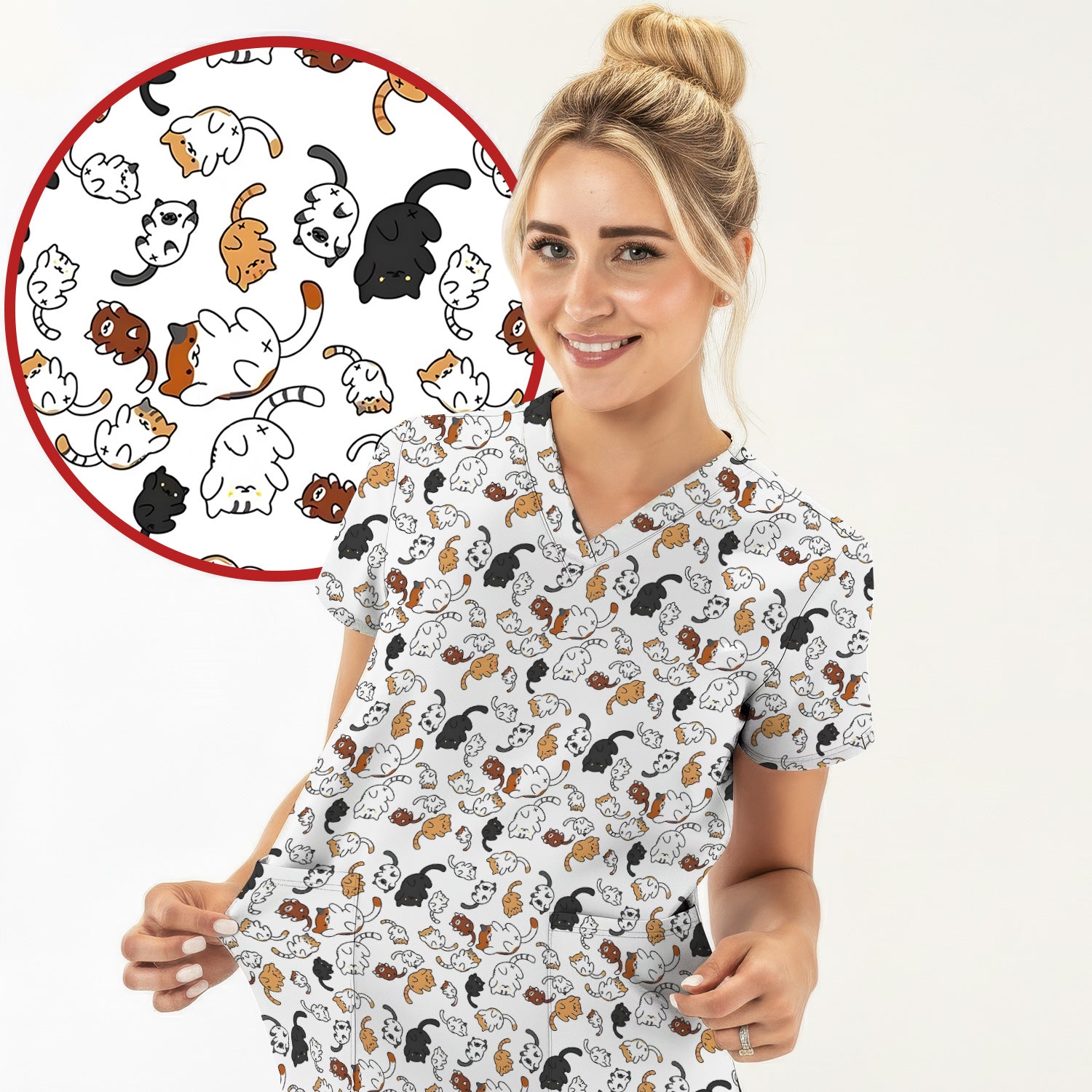 Funny Cat Scrub Top, Cute Cat Pattern Nurse Shirt For Women, Breathable Fabrics Nursing Uniform
