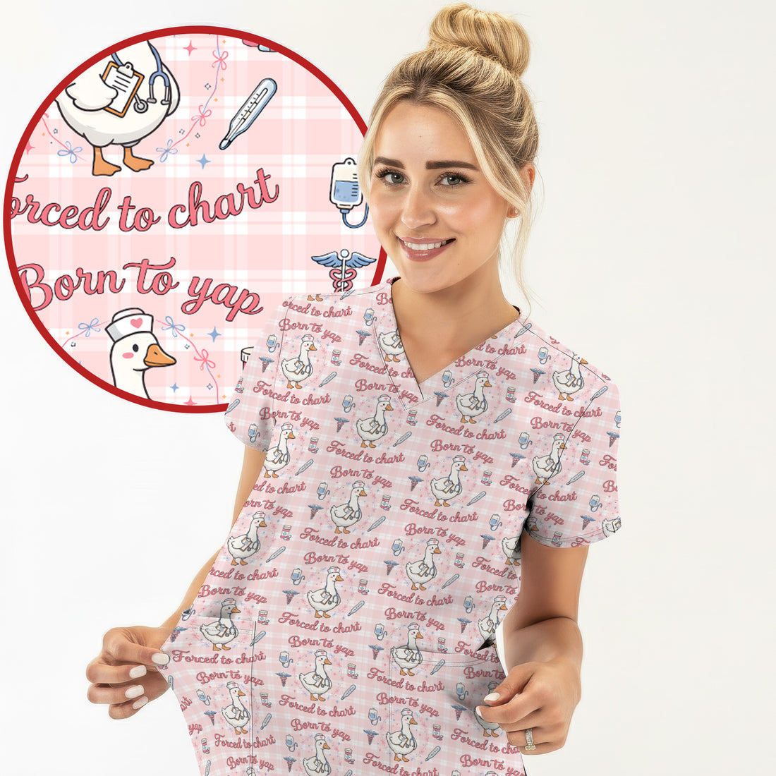 Funny Nurse Goose, Born To Yap Forced To Chart Pattern Scrub Top, Comfortable Scrubs for Nurses