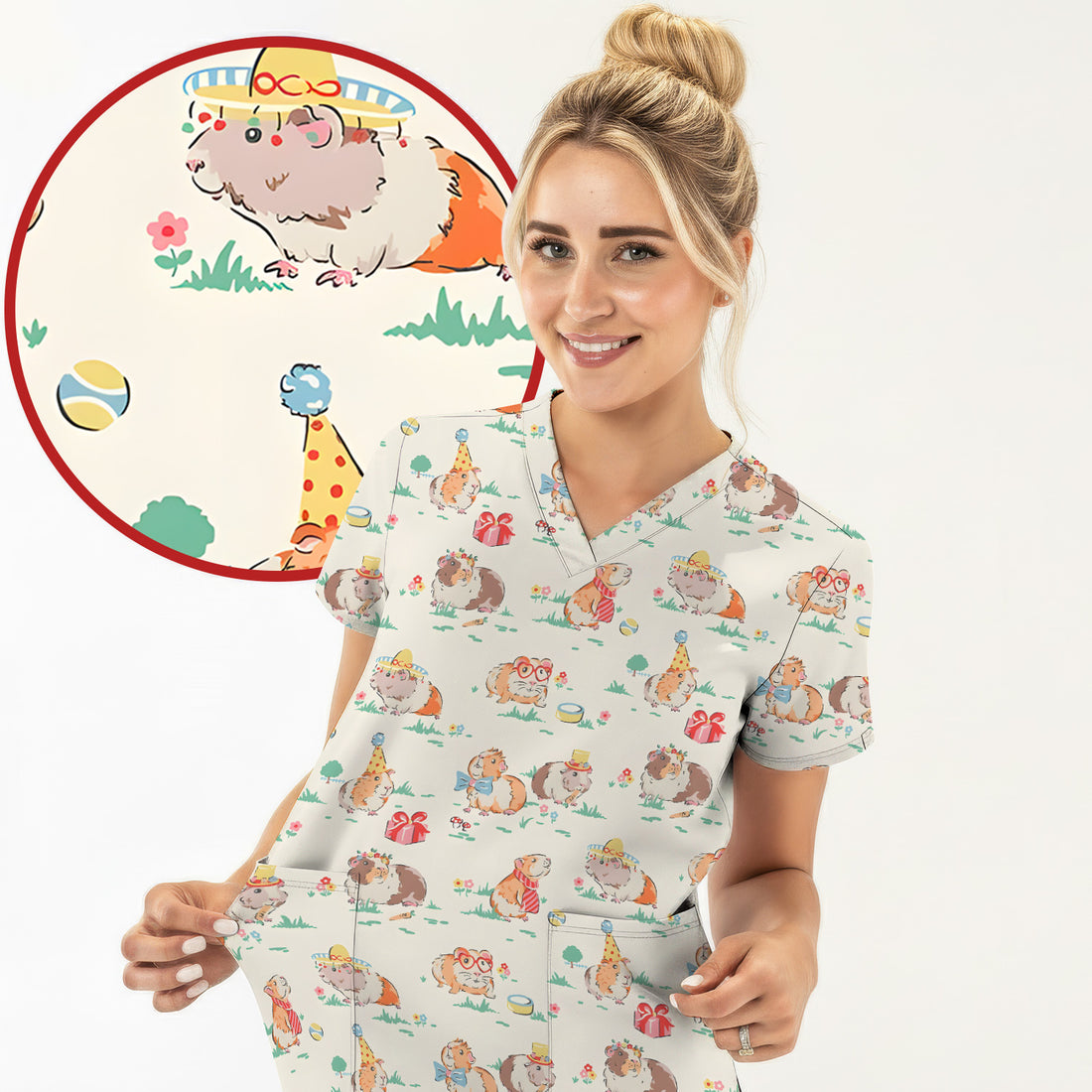 Cute Guinea Pig Party Nurse Pattern Scrub Top, Comfortable Scrubs for Nurses