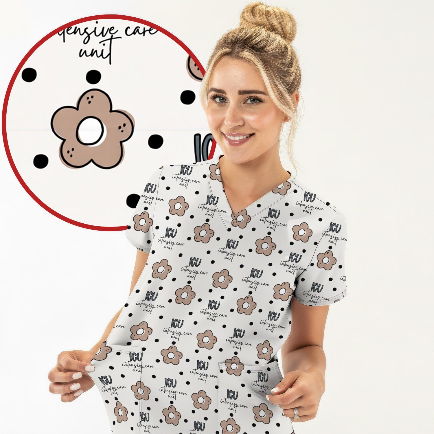 Cute ICU Nurse Flower Polka Dot Pattern Scrub Top, Comfortable Scrubs for Nurses