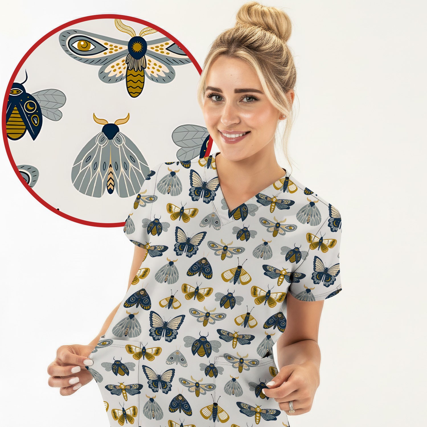 Cute Butterfly Moth Insect Pattern Scrub Top, Comfortable Scrubs for Nurses