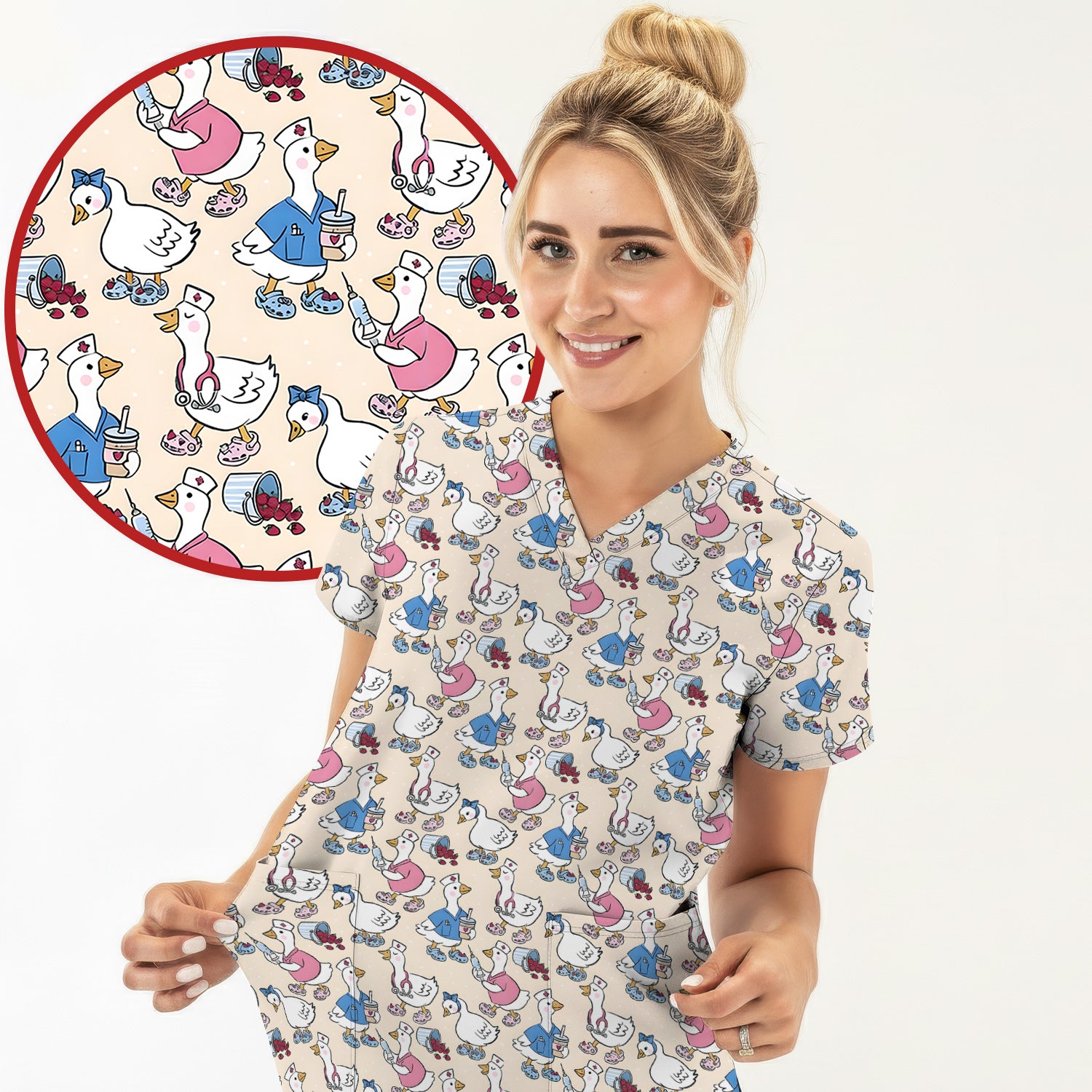 Cute Nurse Goose Cartoon Pattern Scrub Top, Comfortable Scrubs for Nurses