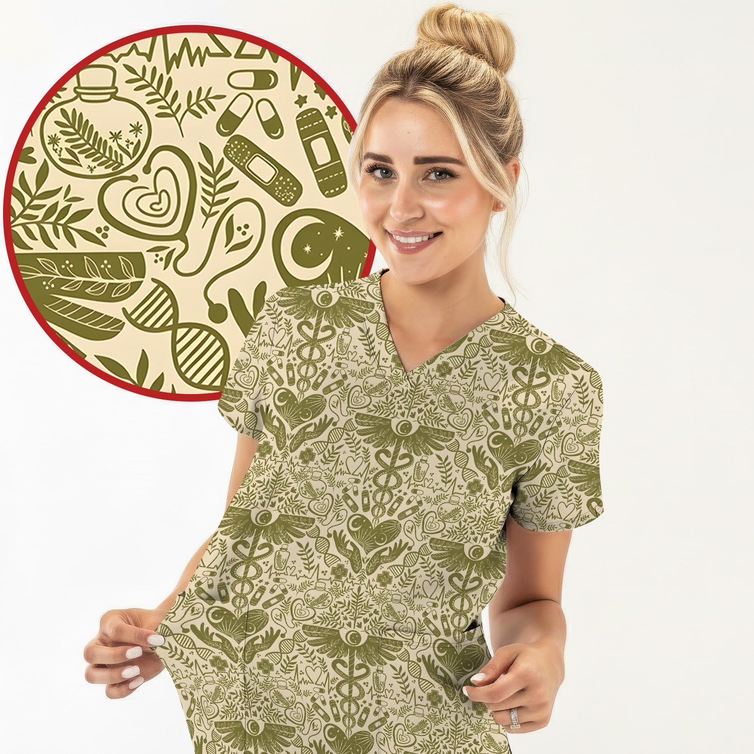Inspirational Botanical Medical Caduceus Heart Nurse Pattern Scrub Top, Breathable Fabrics Nursing Uniform