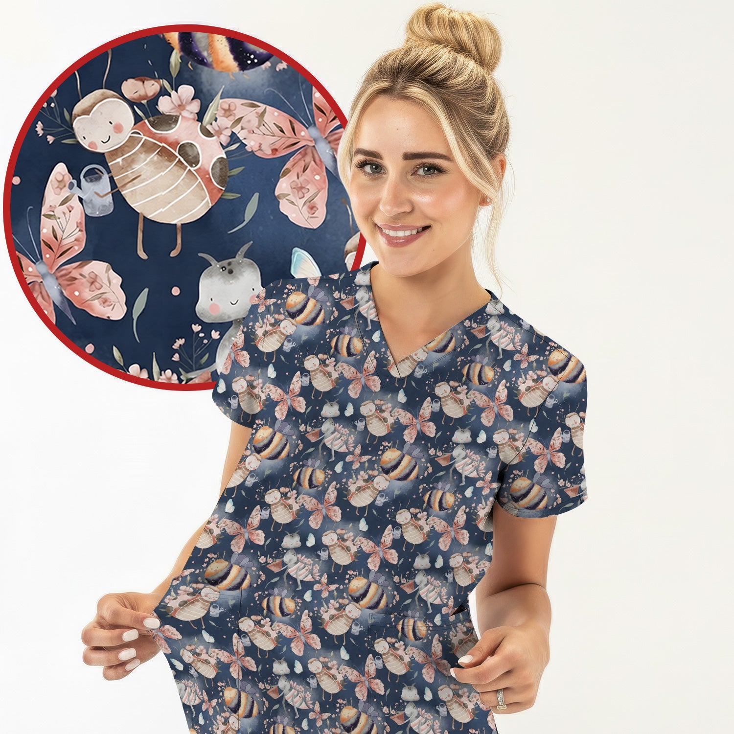 Cute Whimsical Bee Fairy Garden Pattern Scrub Top, Comfortable Scrubs for Nurses