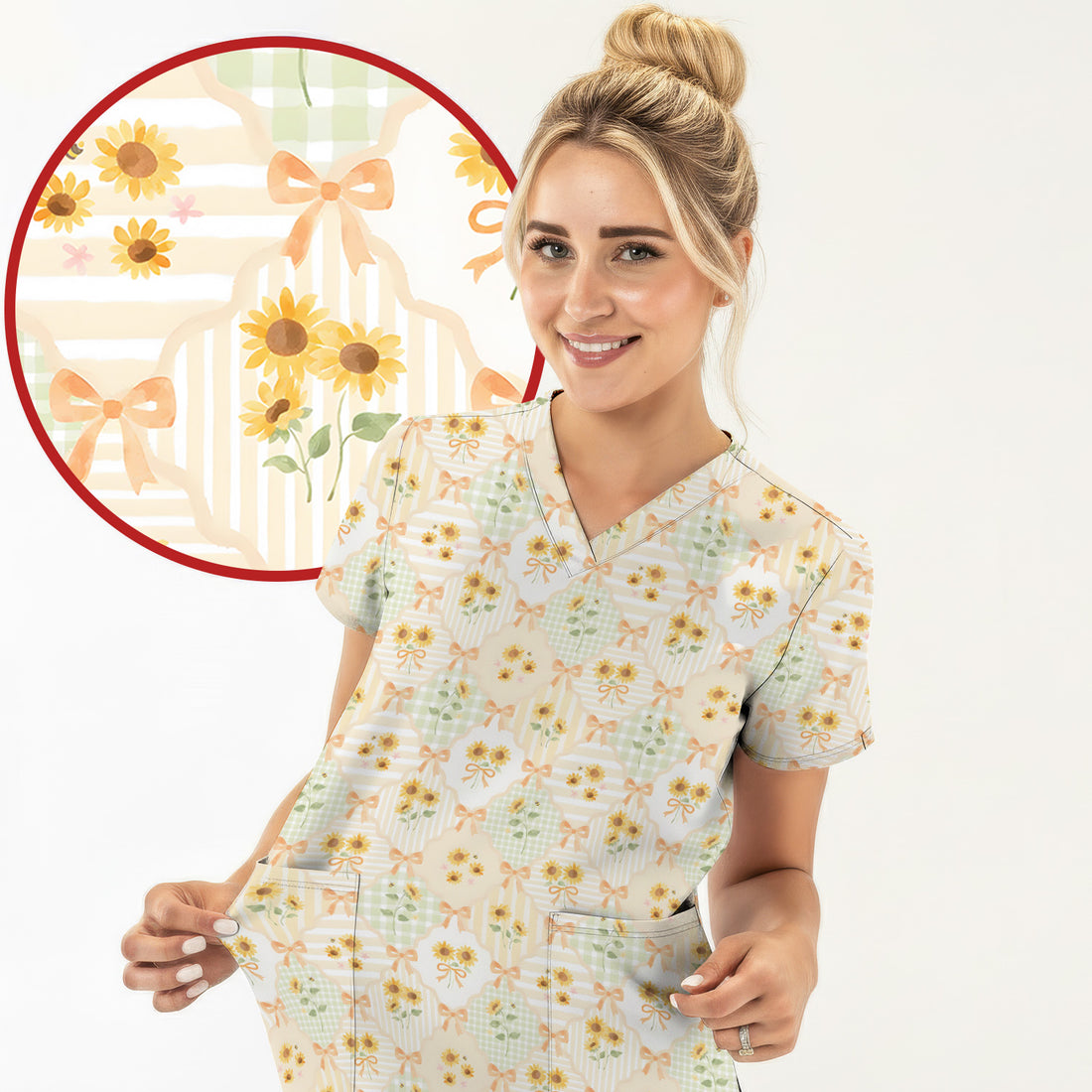 Cute Sunflower Ribbon Patchwork Pattern Scrub Top, Comfortable Scrubs for Nurses
