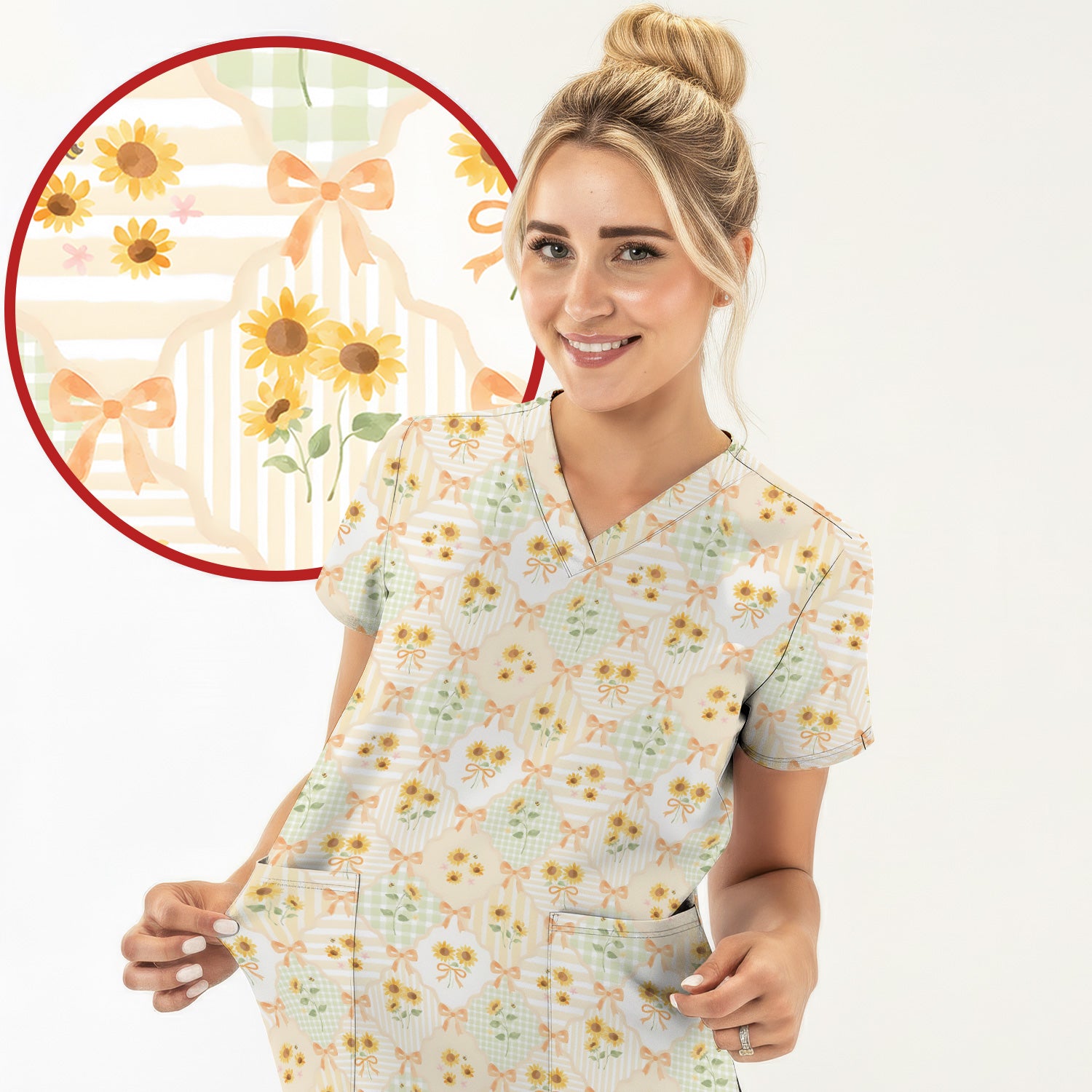 Cute Sunflower Ribbon Patchwork Pattern Scrub Top, Comfortable Scrubs for Nurses