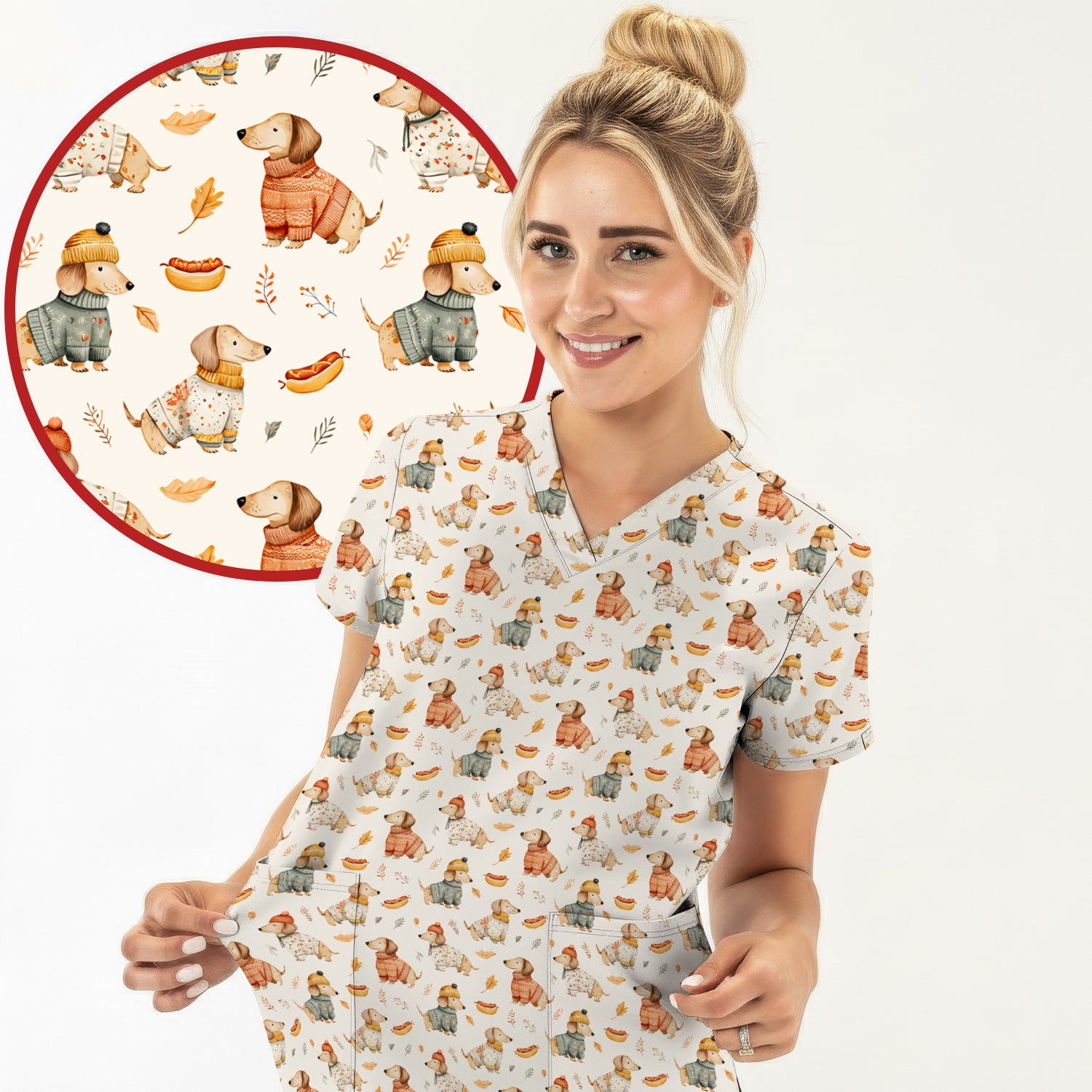 Autumn Dachshund Dog Sweater Print Scrub Top, Comfortable Scrubs for Nurses