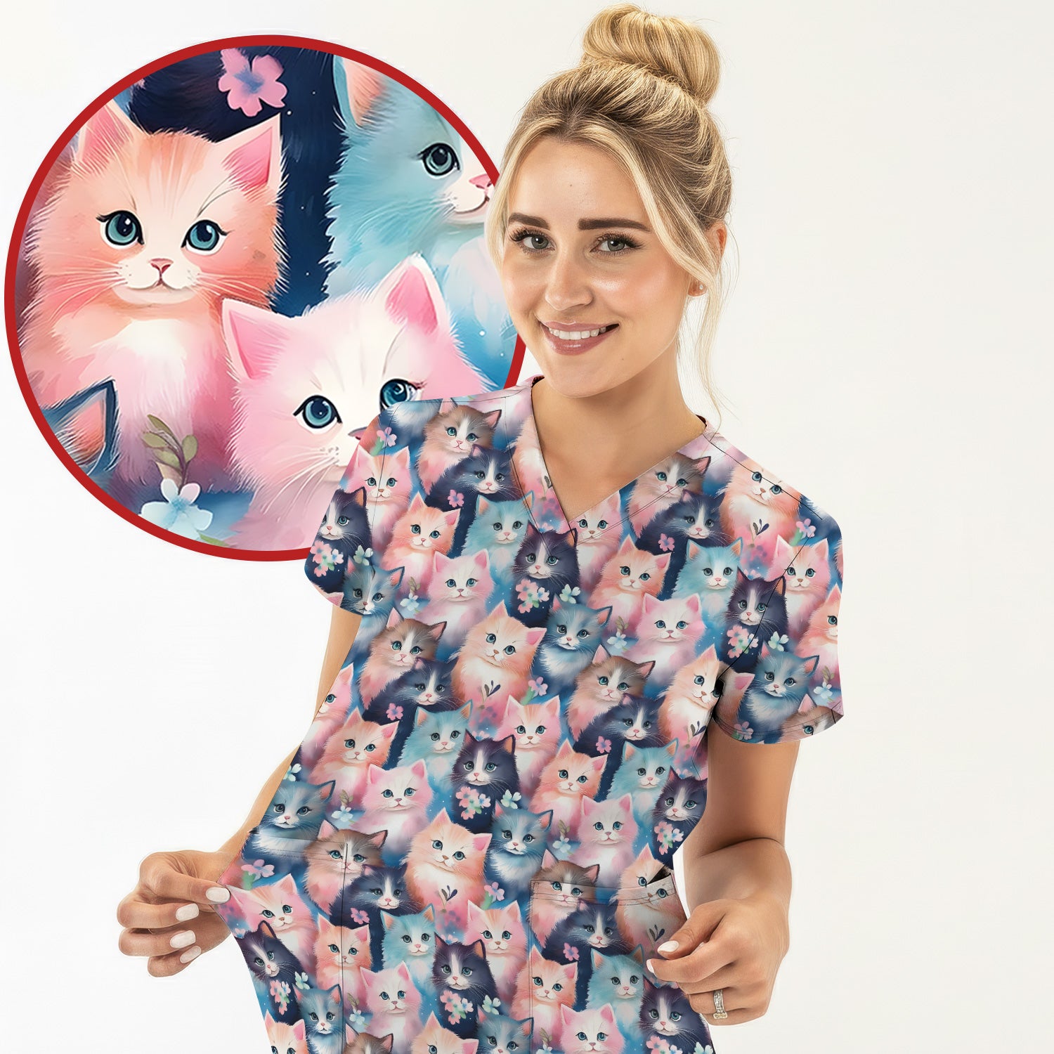Pastel Kitten Pattern Scrub Top, Cute Aesthetic Cat Nursing Uniform for Women