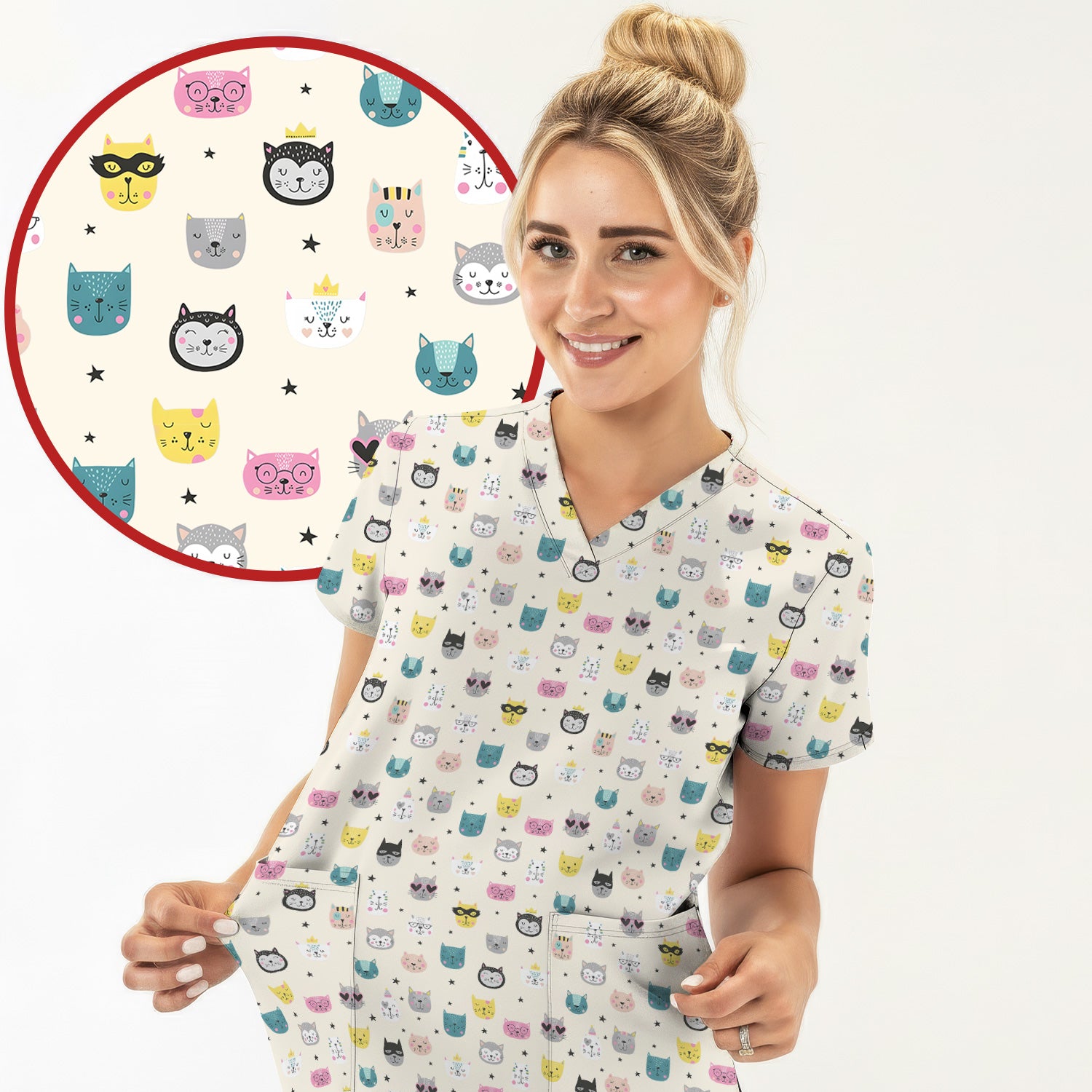 Cute Colorful Cat Pattern Scrub Top, Comfortable Scrubs for Nurses