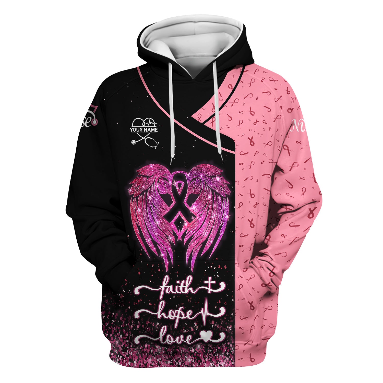 Custom Breast Cancer Warrior Shirt - Pink Glitter Angel Wings & Ribbon Graphic Tee - Gift for Nurse RN LPN CNA