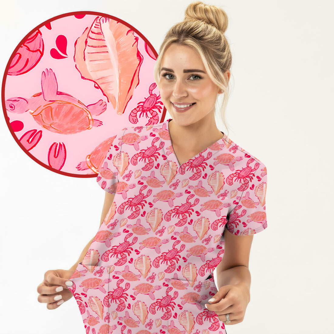 Pink Sea Turtle Lobster Shell Pattern Scrub Top, Coastal Ocean Nursing Uniform for Women