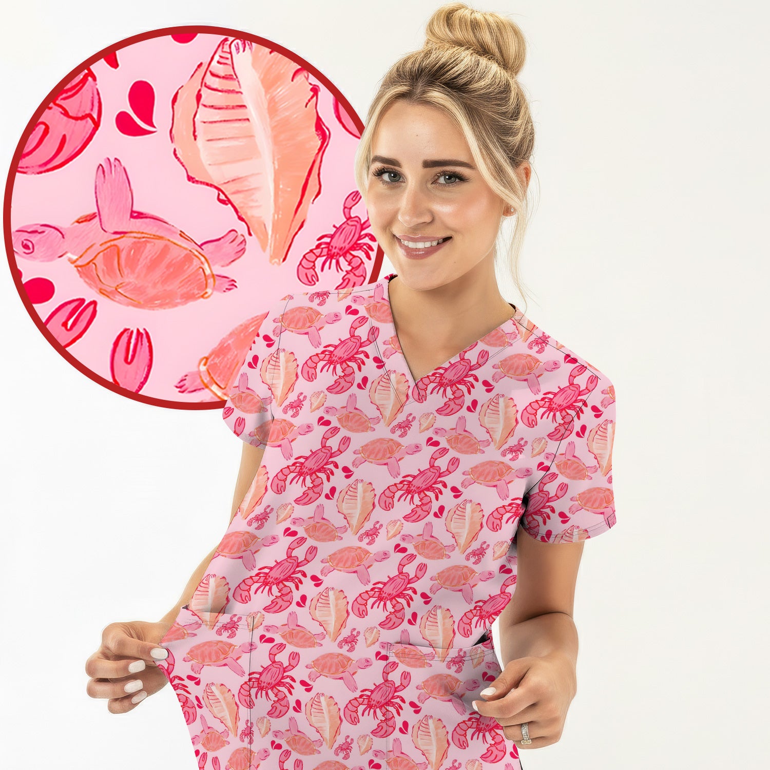 Pink Sea Turtle Lobster Shell Pattern Scrub Top, Coastal Ocean Nursing Uniform for Women