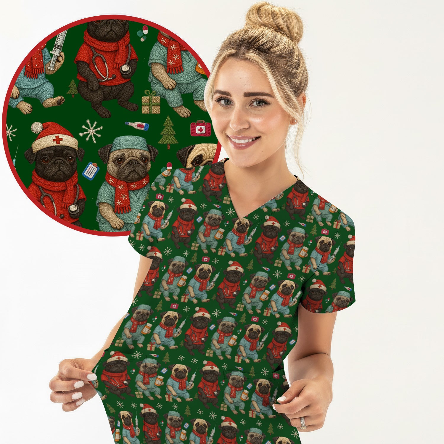 Christmas Pug Nurse Scrub Top, Cute Holiday Dog Medical Uniform Shirt For Nursing