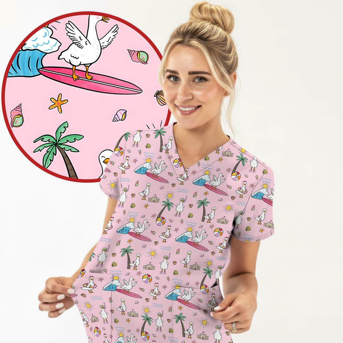 Cute Nurse Seagull Surfboard Beach Palm Tree Pattern Scrub Top, Comfortable Scrubs for Nurses