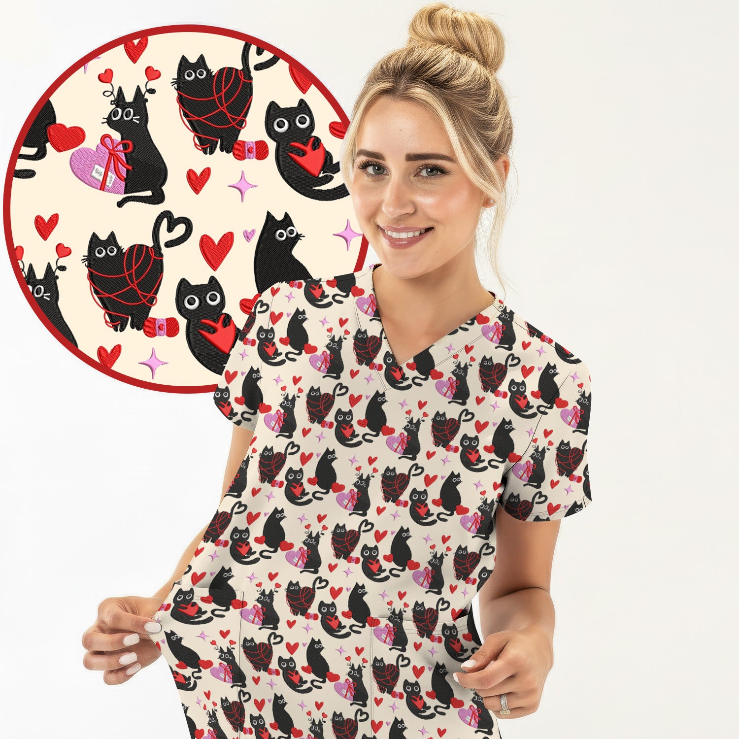 Valentine’s Day Scrub Top, Cute Black Cat With Heart Pattern Nurse Shirt, Breathable Fabrics Nursing Uniform
