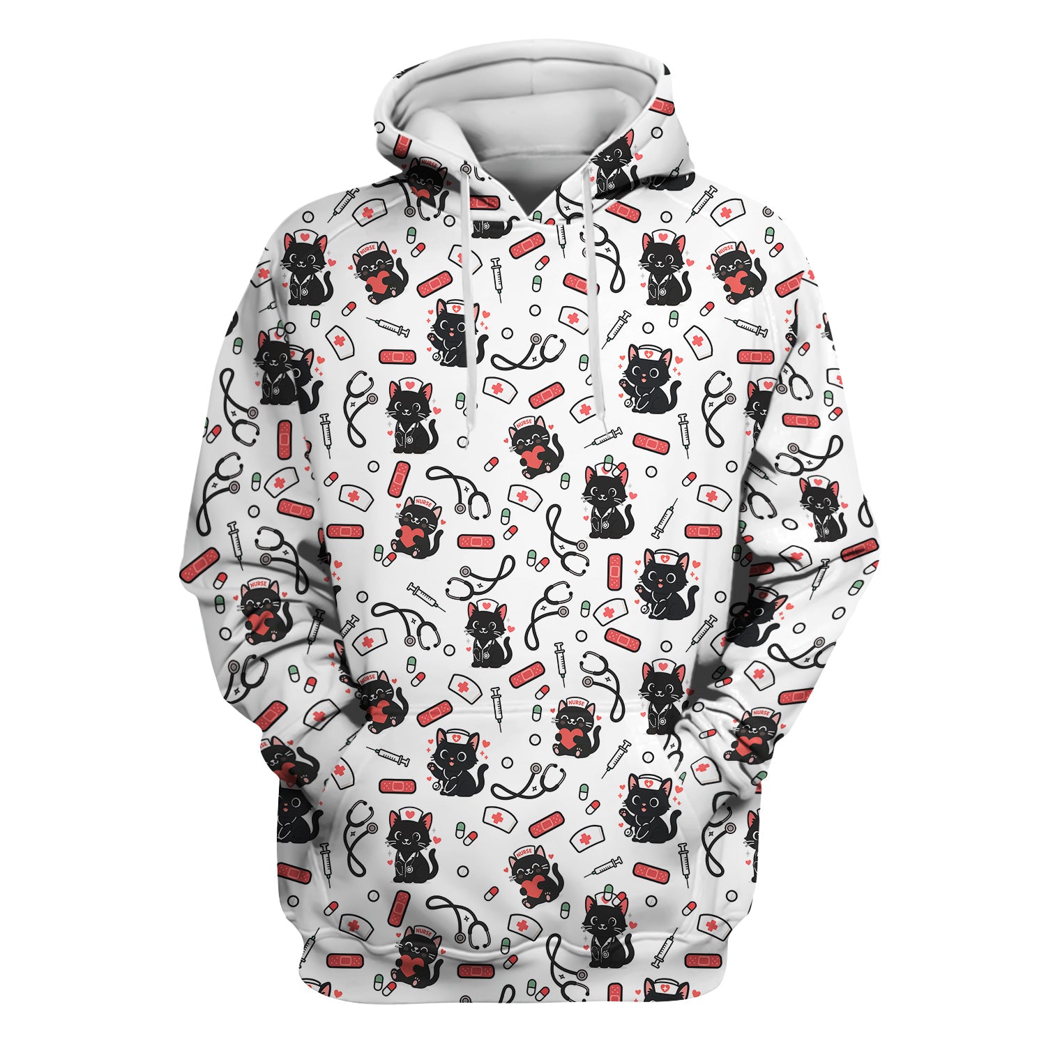 Cute Black Cat Nurse Scrub Top for Women - Medical Uniform Shirt with Stethoscope & Pill Print - Gift for CNA, LPN, Medical Worker