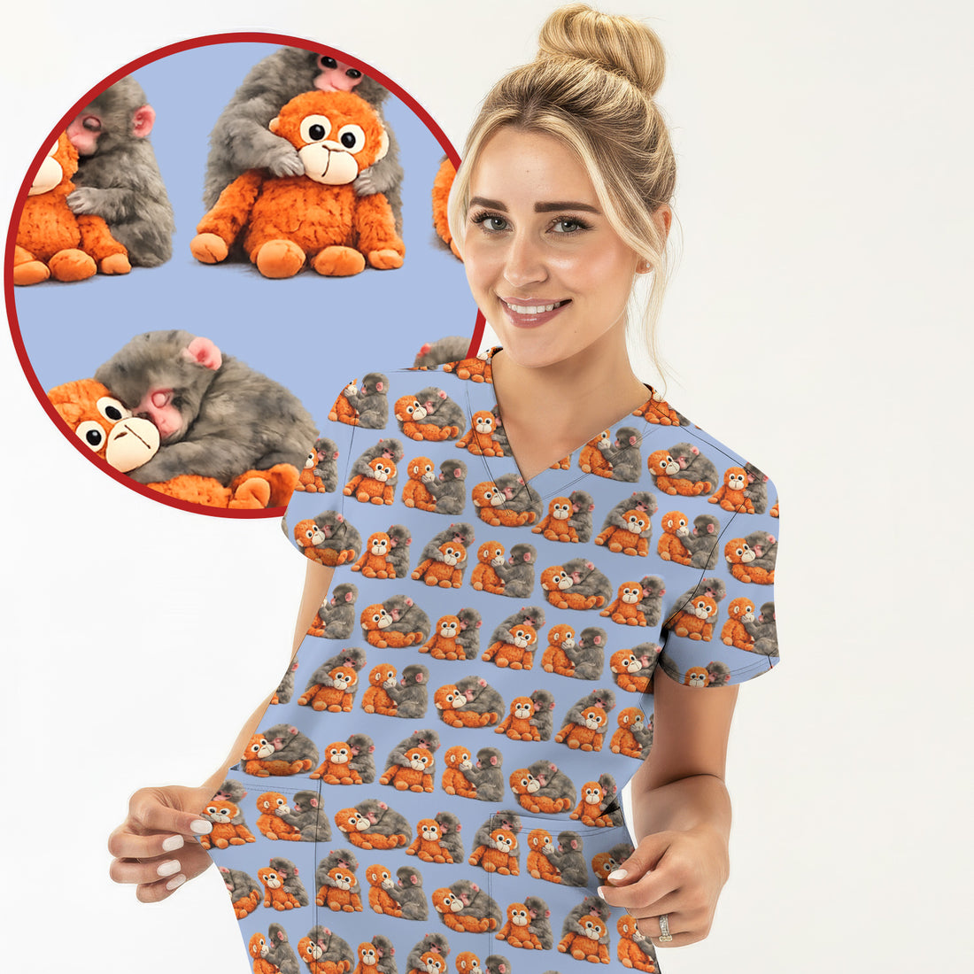 Cute Baby Monkey Plush Toy Animal Pattern Scrub Top, Breathable Medical Uniform Top