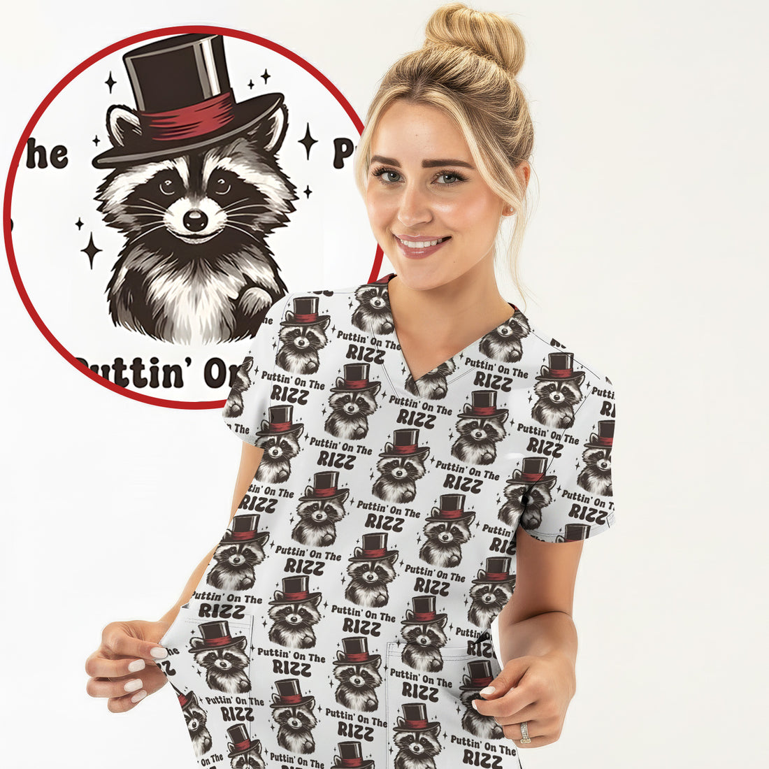 Raccoon Wearing Top Hat Puttin On The Rizz Scrub Top, Breathable Fabrics Nursing Uniform