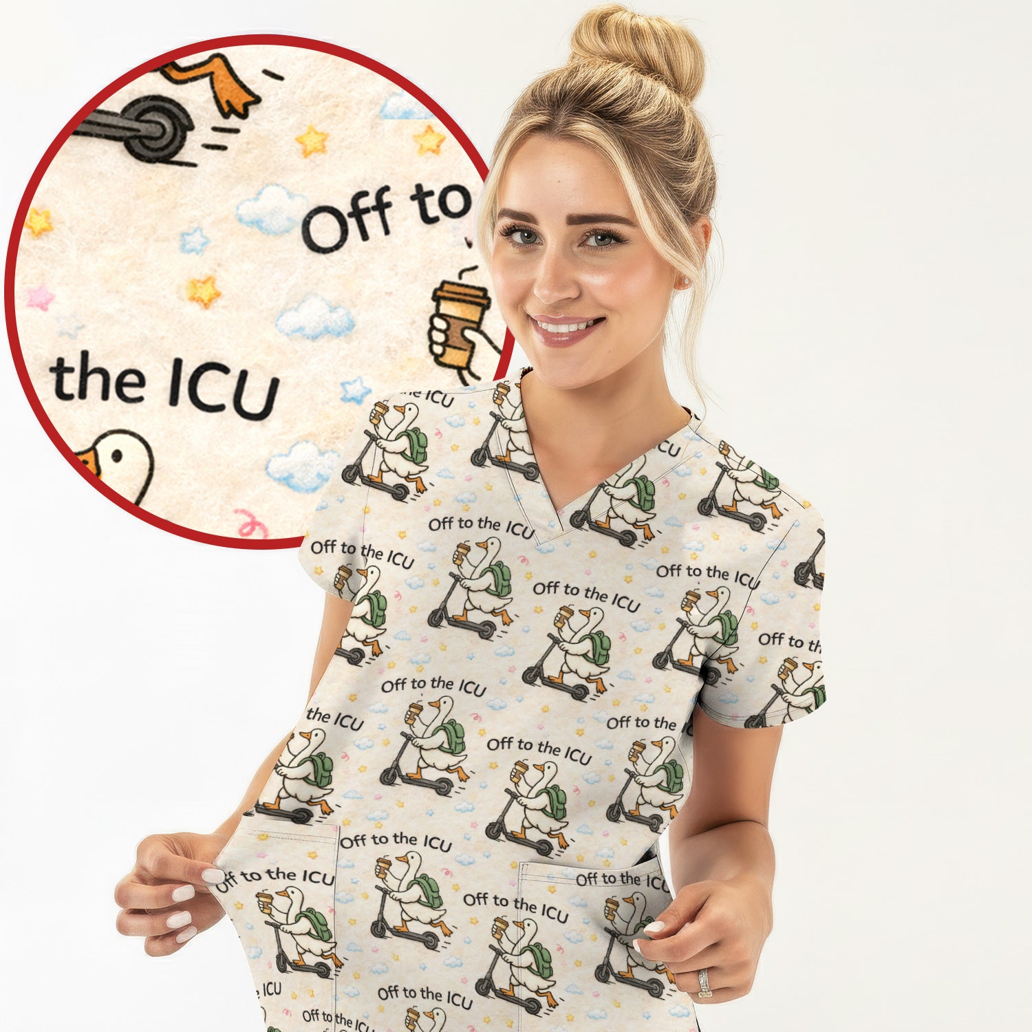 Funny Goose Off To The ICU Pattern Scrubs Top, Breathable Fabrics Nursing Uniform