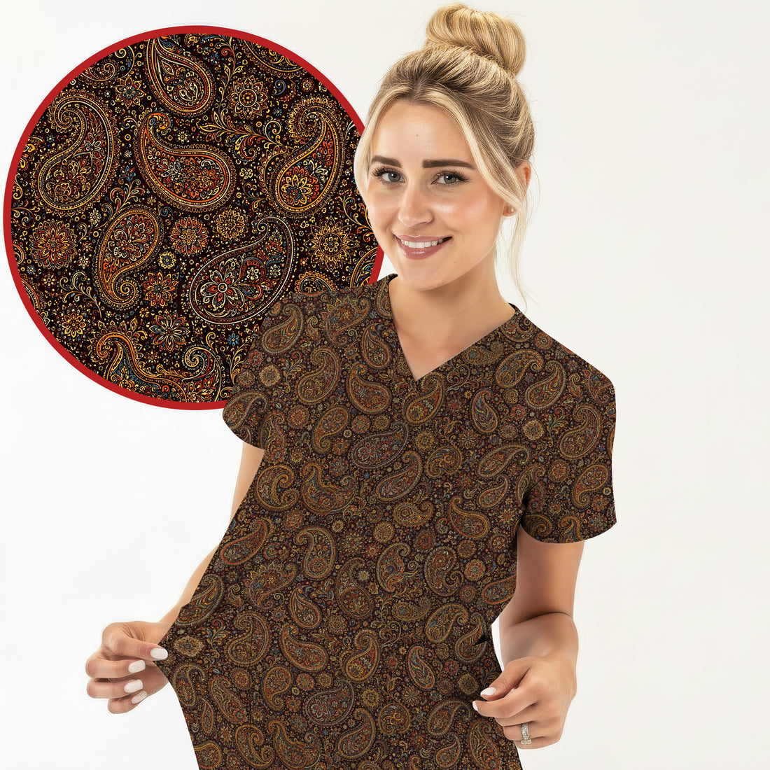 Vintage Ornate Paisley Pattern Scrub Top, Comfortable Scrubs for Nurses