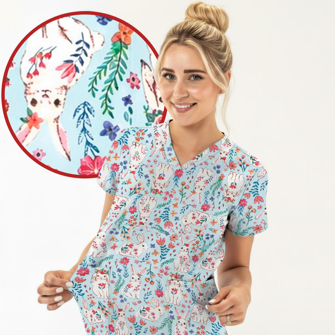 Springtime Bunny Floral Pattern Scrub Top, Breathable Fabric Scrubs for Nurses
