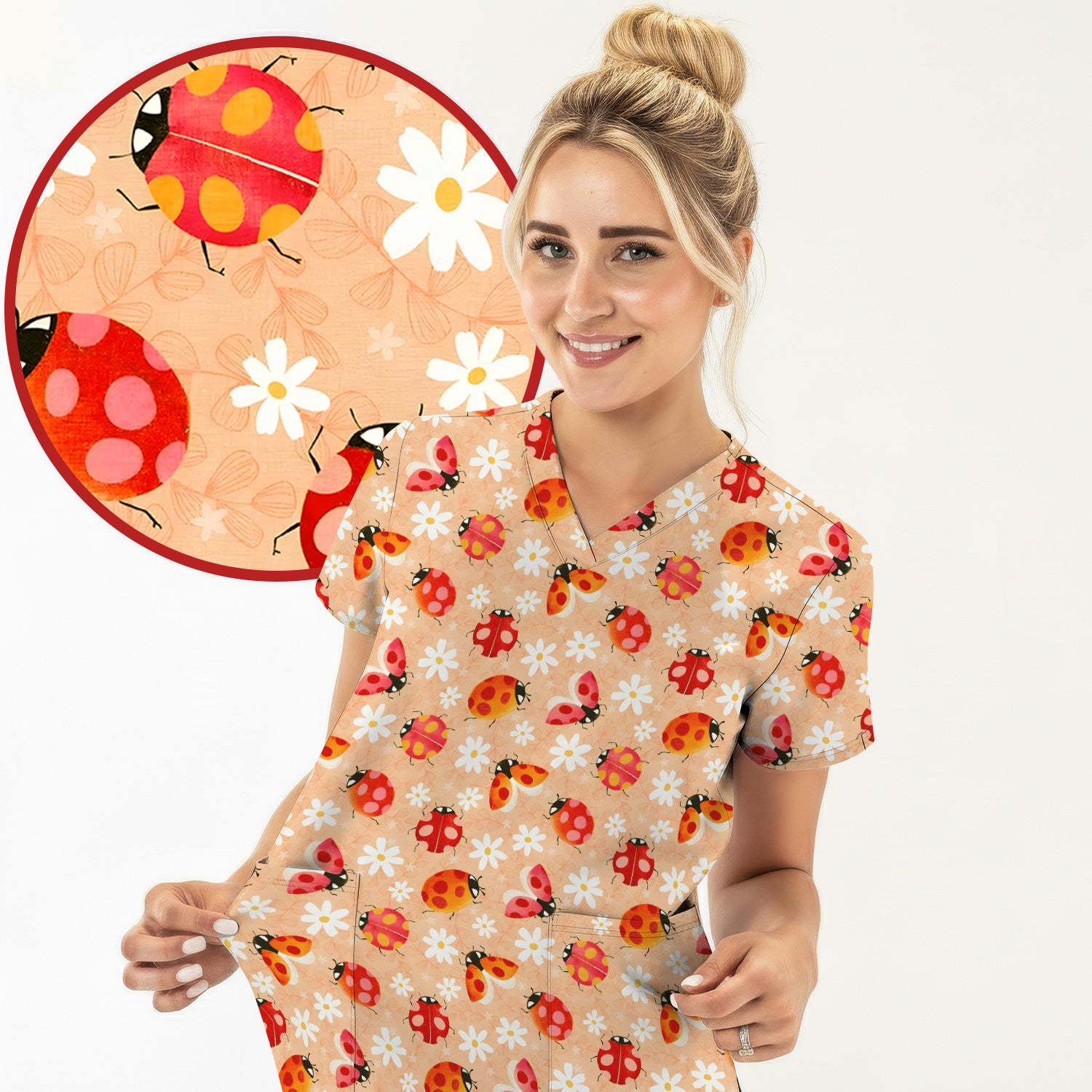 Ladybug Daisy Floral Pattern Scrub Top, Comfortable Scrubs for Nurses