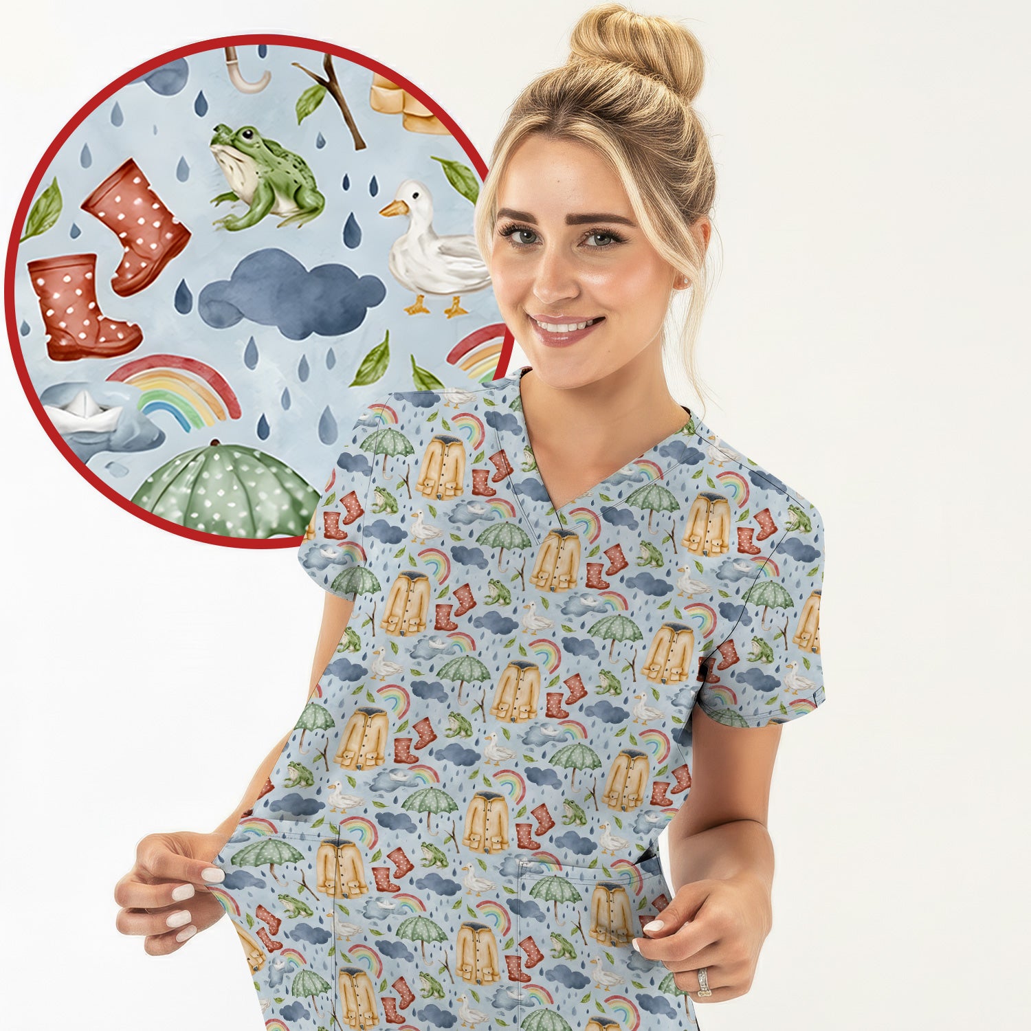 Cute Rainy Day Ducks & Frog Rainbow Pattern Scrub Top, Colorful Gothic Nurse Scrubs Uniform