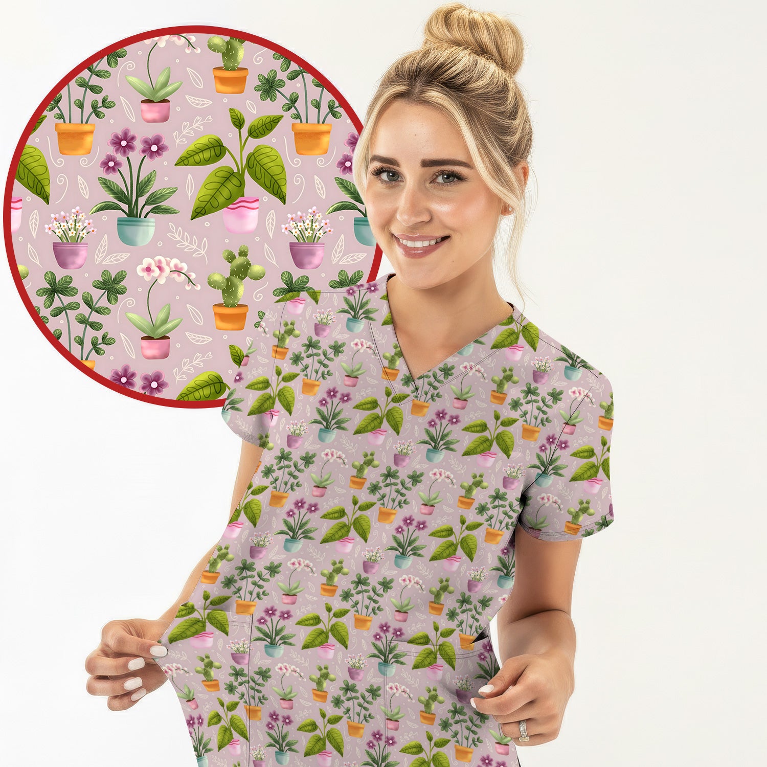 Potted Plant Orchid Cactus Pattern Scrub Top, Comfortable Scrubs for Nurses