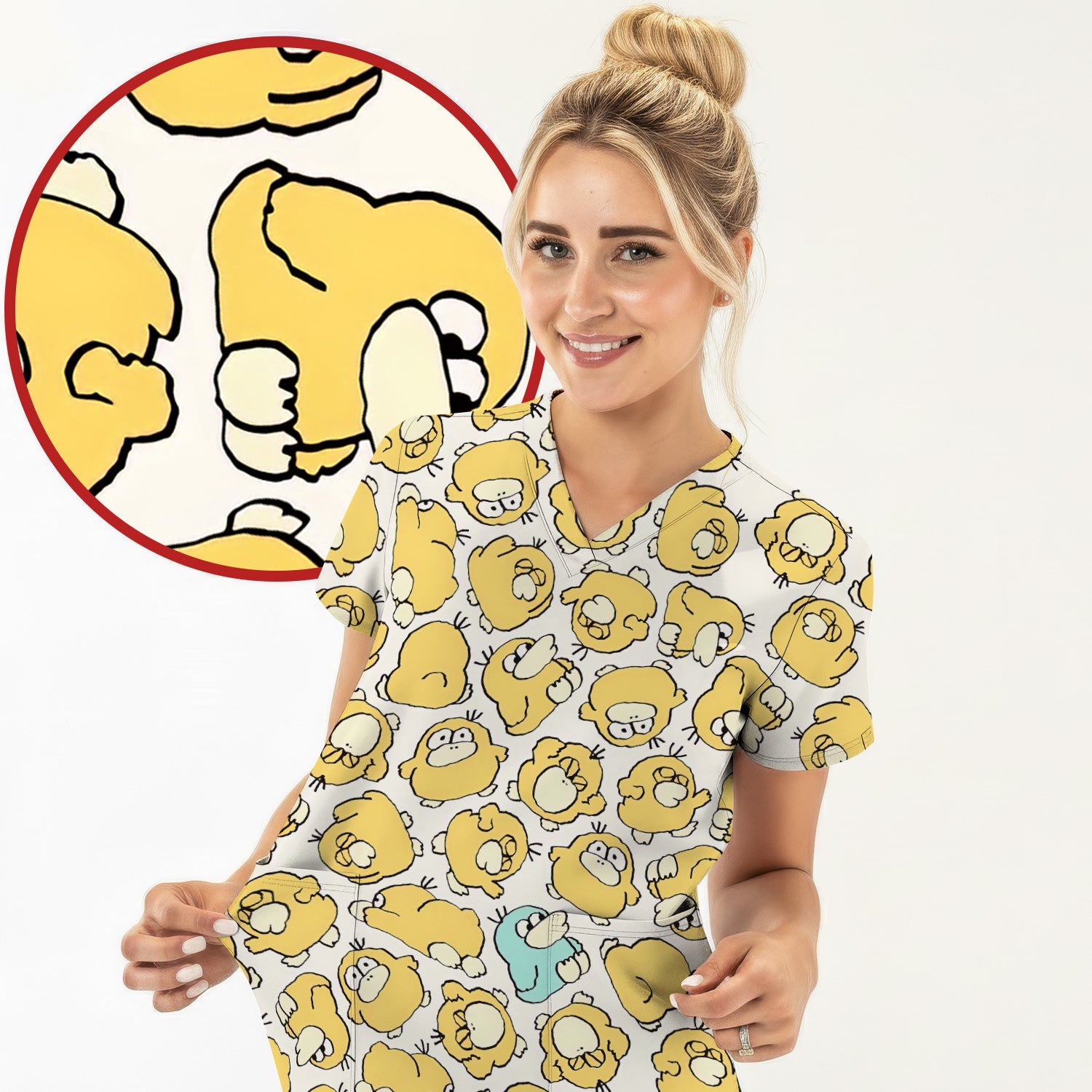 Funny Yellow Cartoon Duck Pattern Scrub Top, Comfortable Scrubs For Nurses
