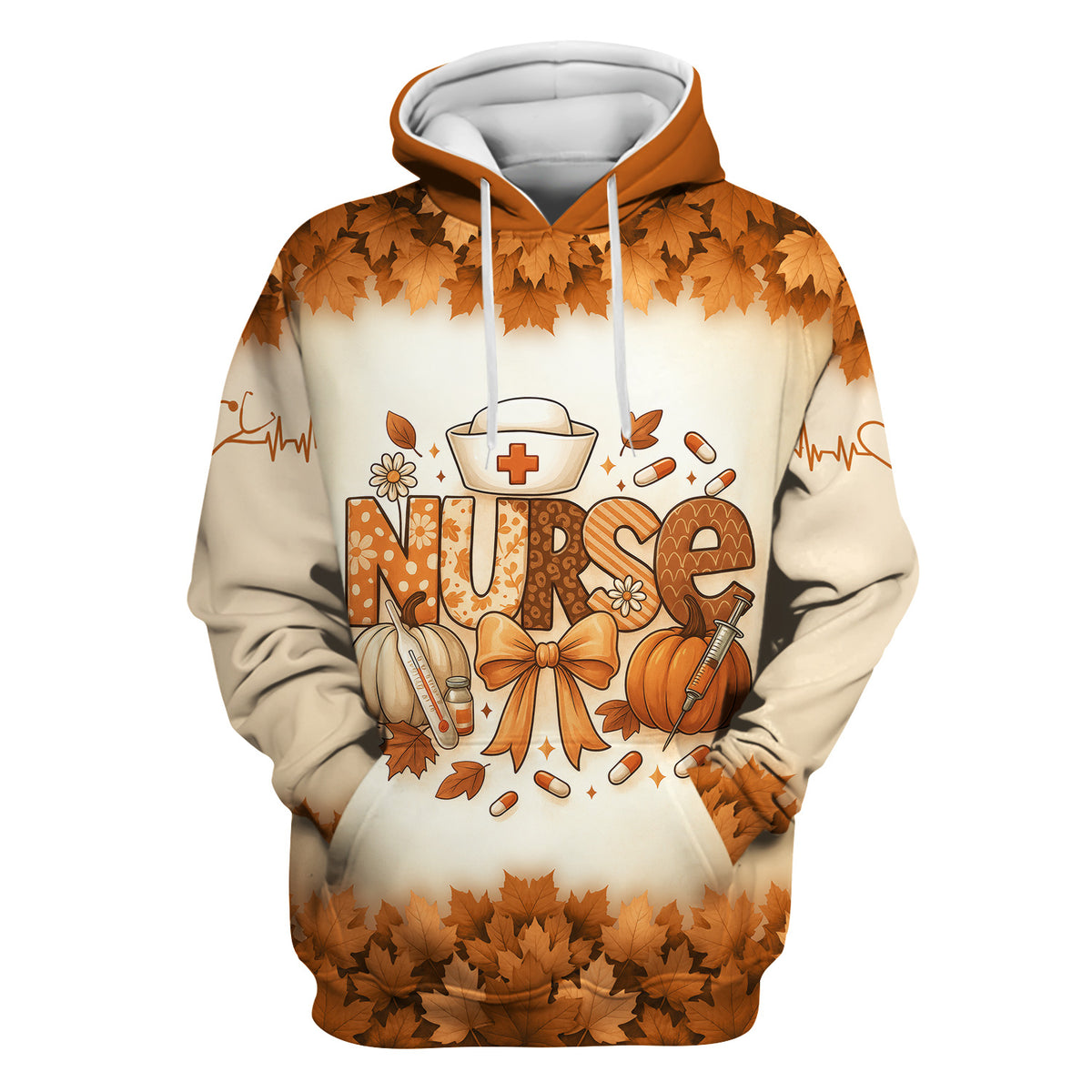 Fall Leaves Nurse Scrub Top with Pumpkins - Personalized Autumn Shirt with Custom Name - Cute Thanksgiving Gift for RN CNA LPN