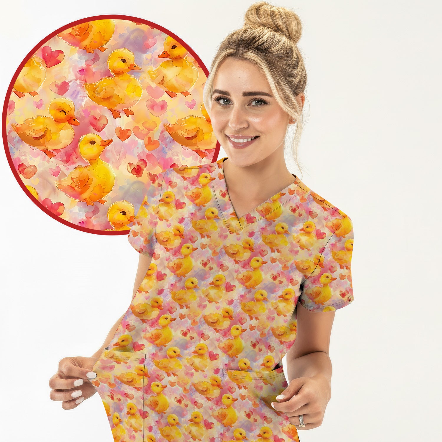 Cute Duck Heart Watercolor Pattern Scrub Top, Comfortable Scrubs for Nurses