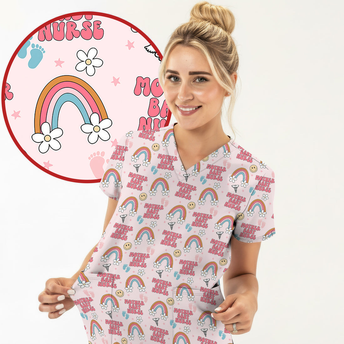 Sweet Mother Baby Nurse Rainbow Pattern Scrub Top, Comfortable Scrubs for Nurses