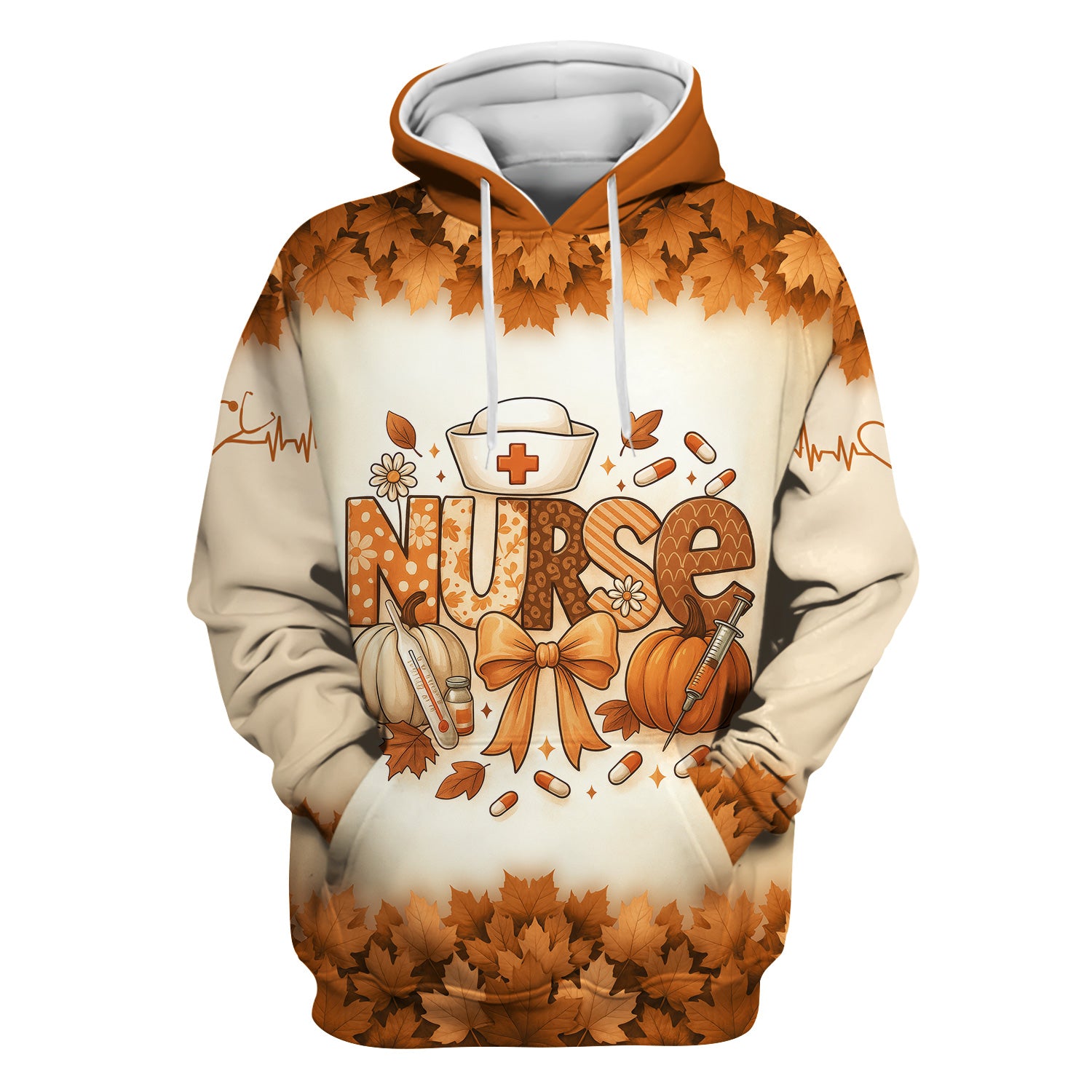 Custom Fall Nurse Shirt for Women - Stethoscope Name & Pumpkin Leaves Design - Cute Seasonal Gift for RN CNA LPN