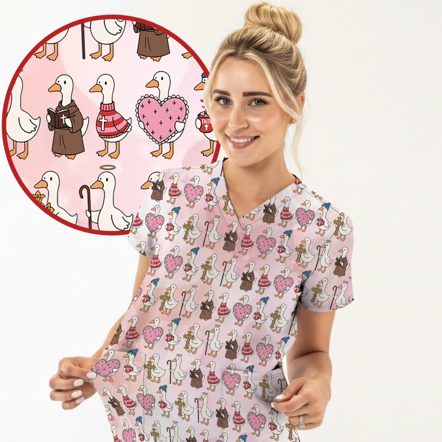 Goose Valentine Heart Illustration Design Scrubs Set, Breathable Med Uniform
