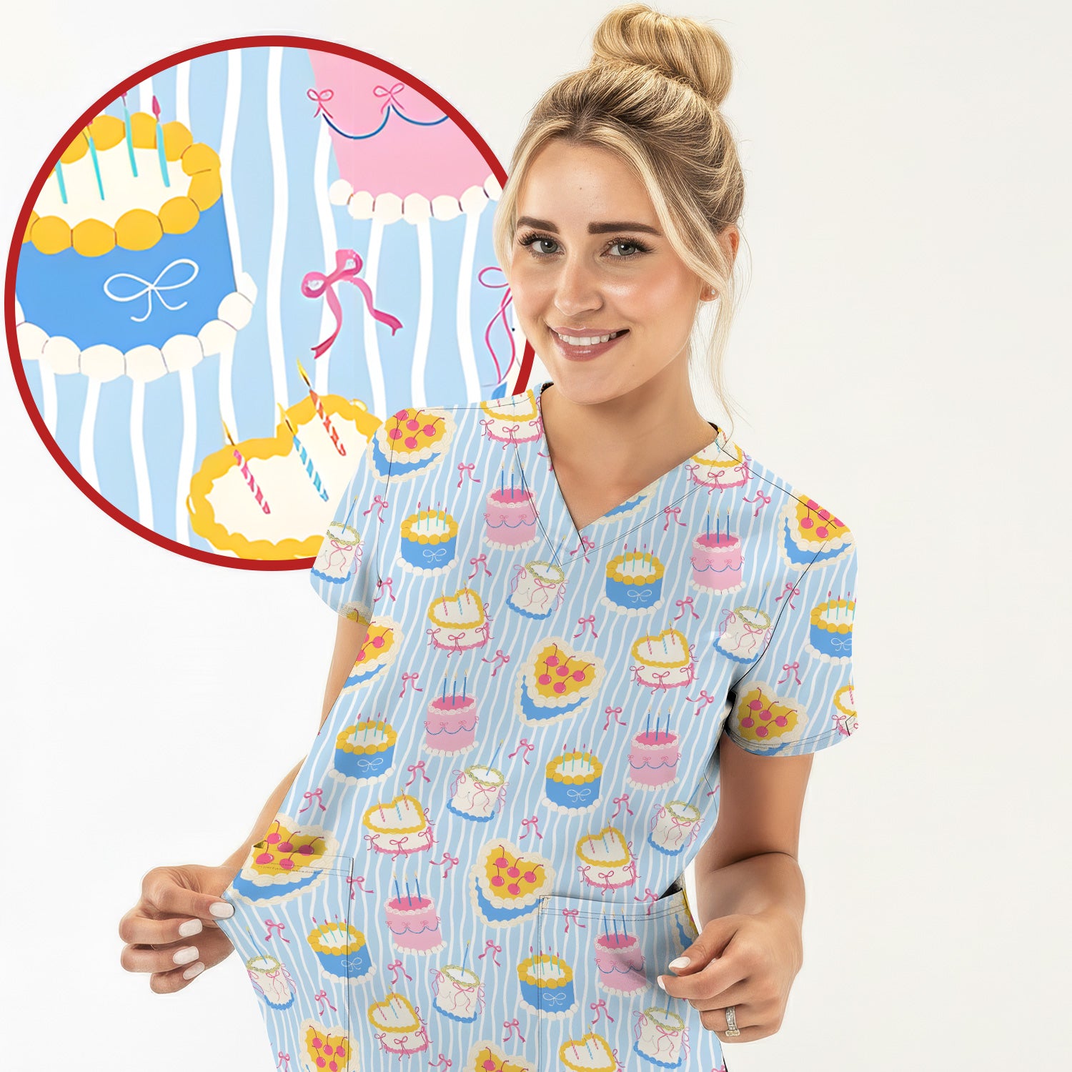 Coquette Cake Bow Stripe Pattern Scrub Top, Nursing Uniform for Women