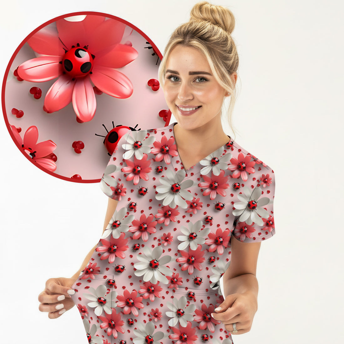 Red Ladybug Flower Pattern Scrub Top, Cute Spring Floral Nursing Uniform for Women