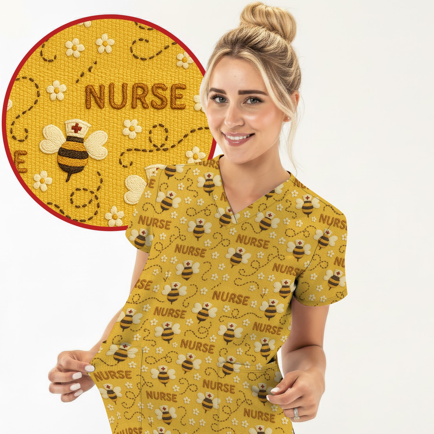 Honey Bee Nurse Scrub Top – Cute Bumblebee Medical Pattern – Cheerful Uniform for Nurses, Vets and Healthcare Workers