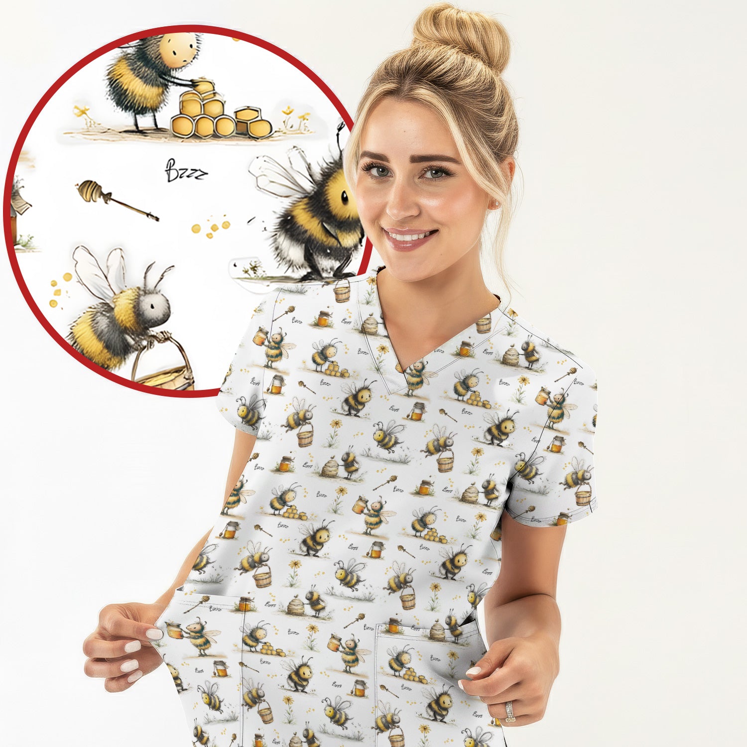 Cute Honey Bee Jar Garden Pattern Scrub Top, Comfortable Scrubs for Nurses