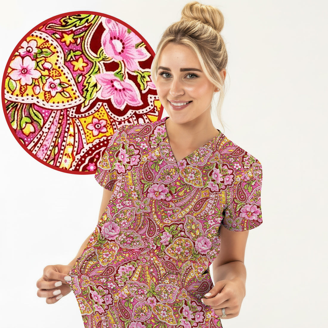Pink Floral Paisley Blossom Print Scrub Top, Comfortable Scrubs for Nurses