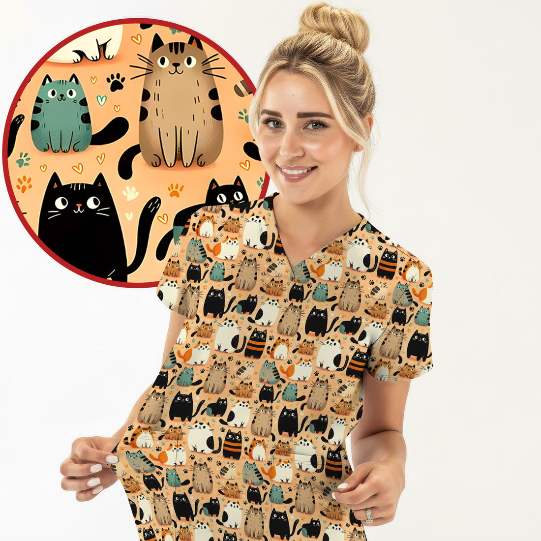 Cat Parade Doodle Pattern Scrub Top, Comfortable Scrubs for Nurses