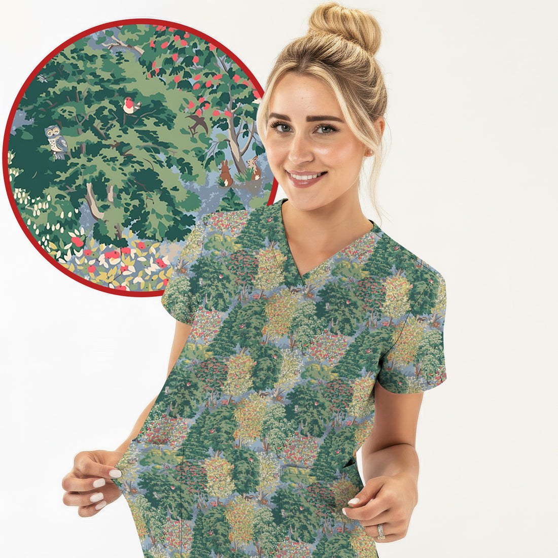 Forest Landscape Pattern Scrub Top, Comfortable Scrubs for Nurses