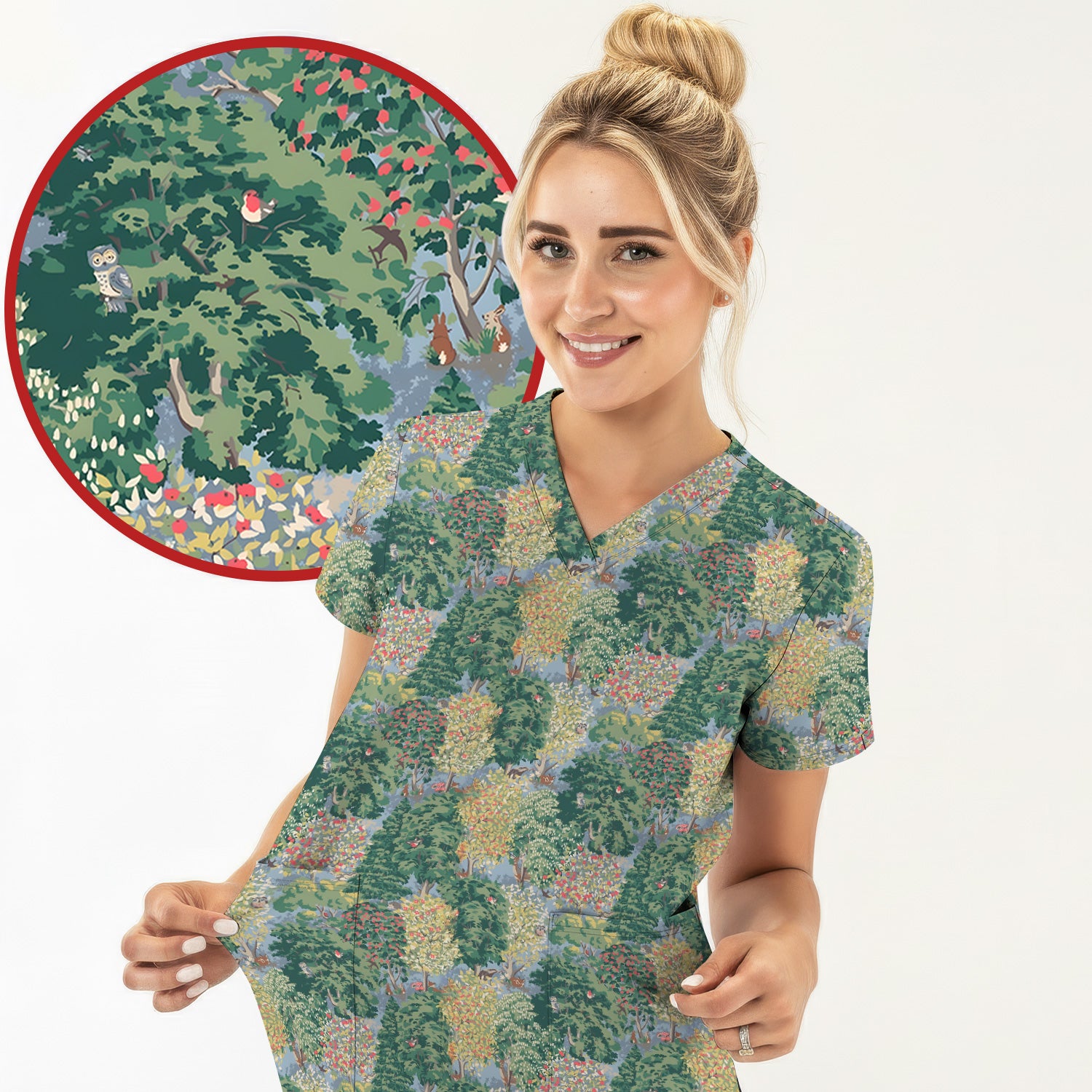 Forest Landscape Pattern Scrub Top, Comfortable Scrubs for Nurses