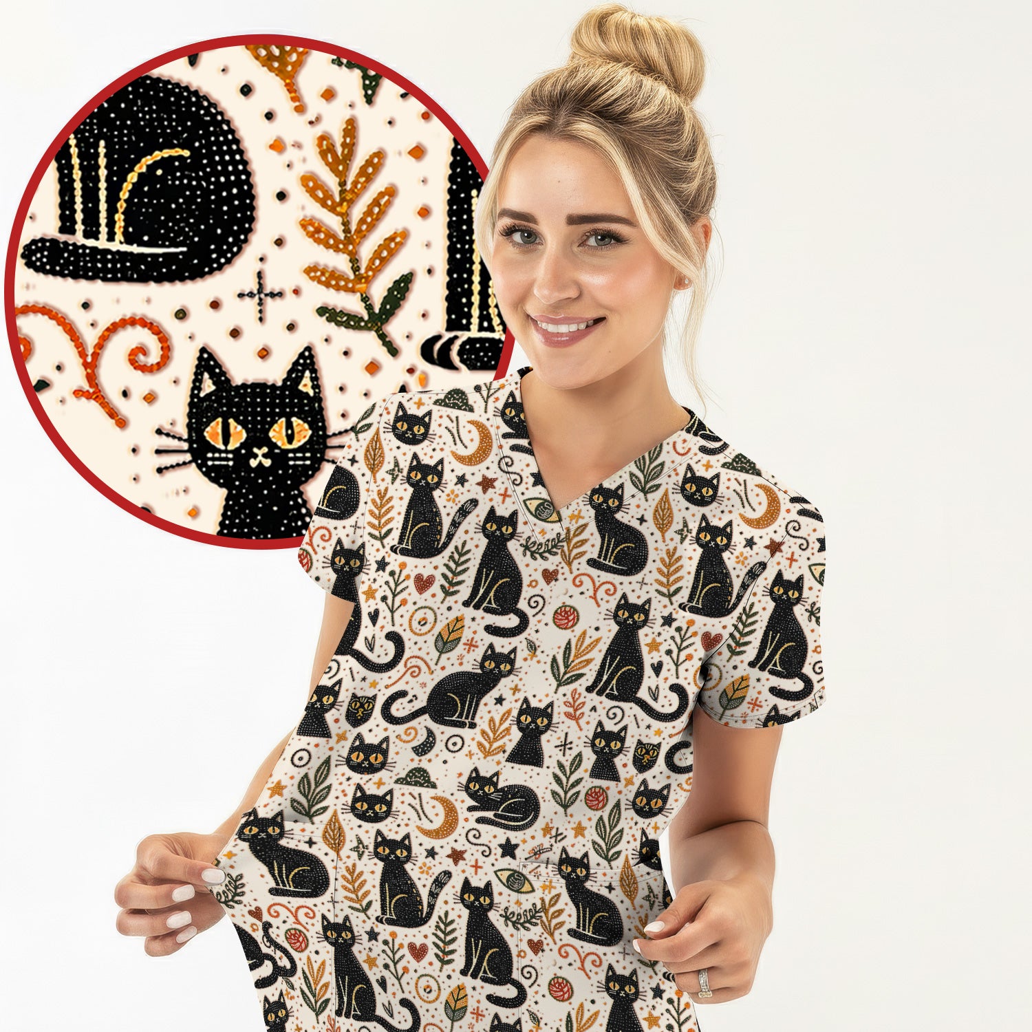 Mystic Black Cat Celestial Doodle Pattern Scrub Top, Comfortable Scrubs for Nurses