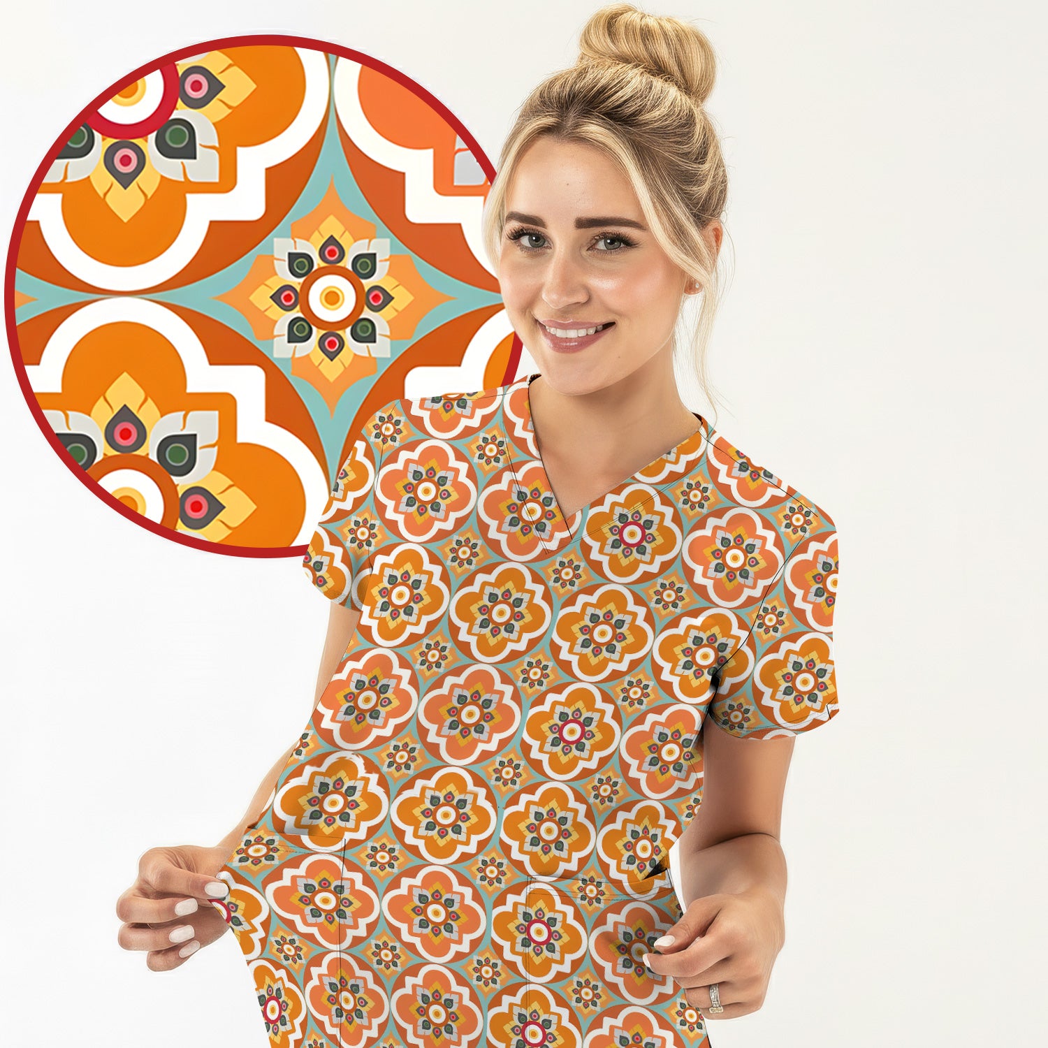 Orange Retro Geometric Floral Pattern Scrub Top, Comfortable Scrubs for Nurses