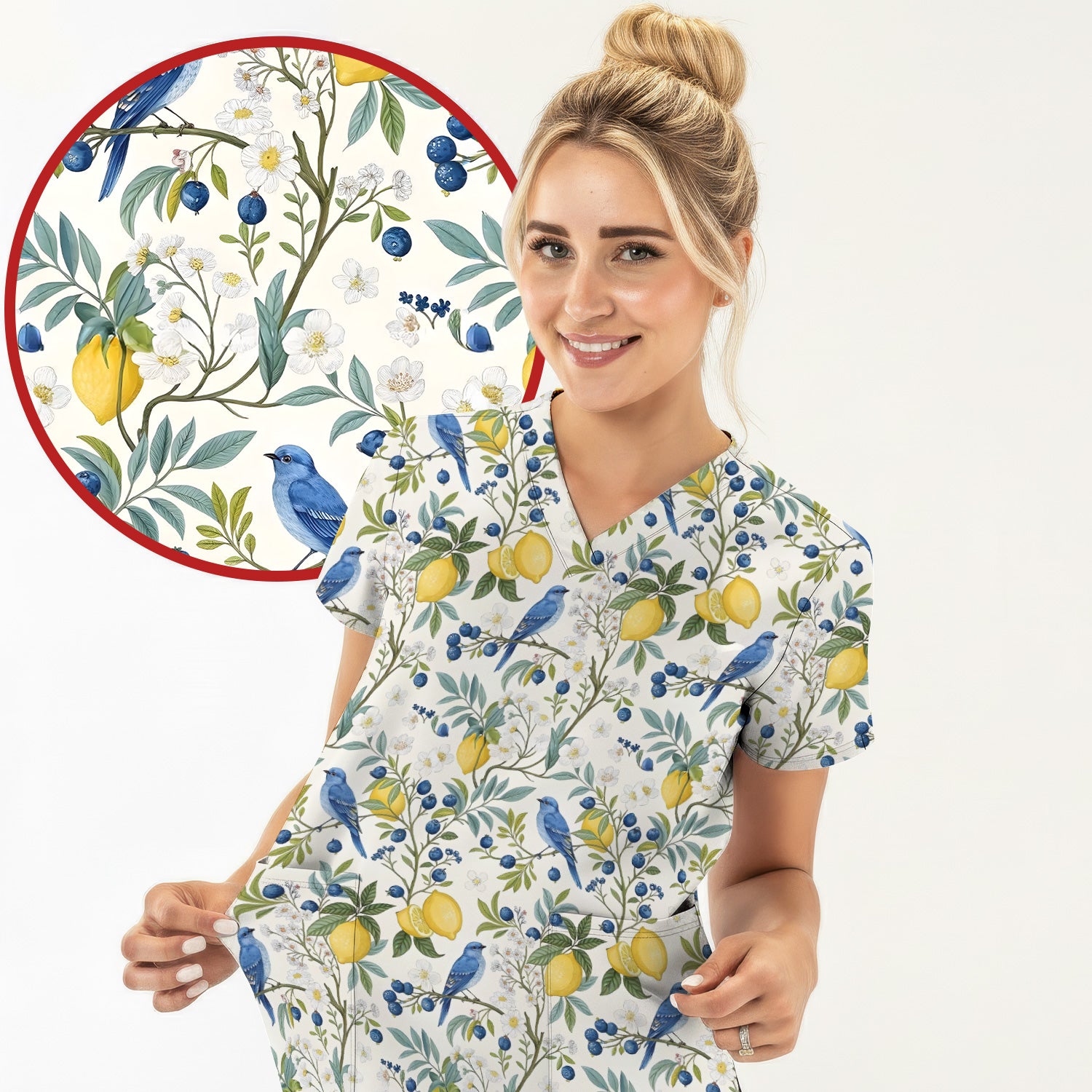 Cute Bluebird Lemon Berry Pattern Scrub Top, Comfortable Scrubs for Nurses