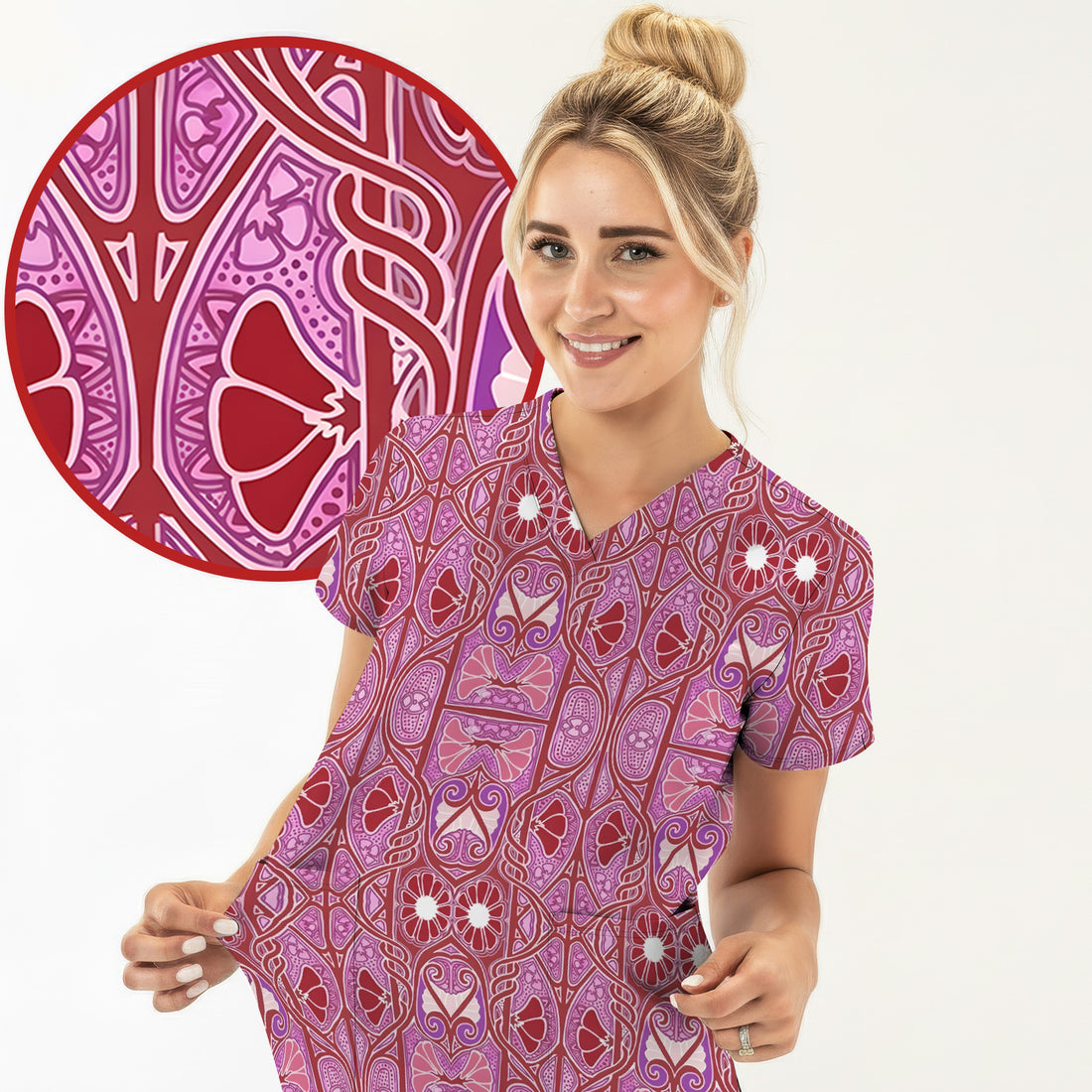 Vintage Ornamental Floral Pattern Scrub Top, Comfortable Scrubs for Nurses