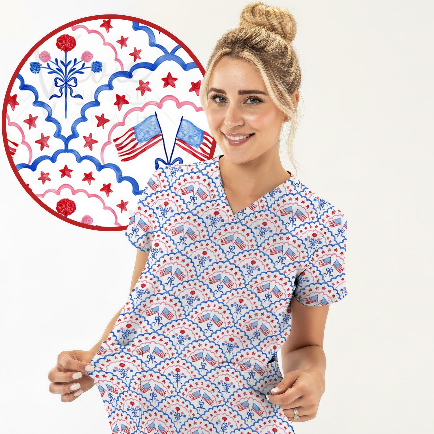 Patriotic Scallop Star Flag Floral Pattern Scrub Top, Comfortable Scrubs for Nurses