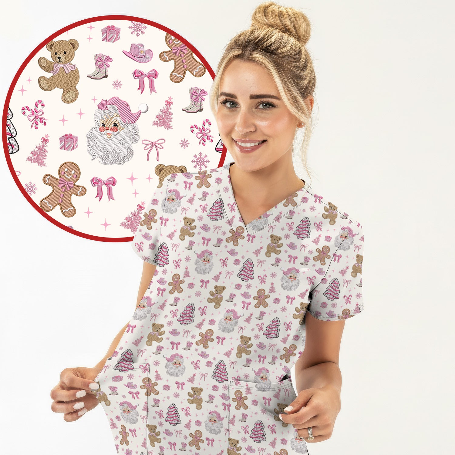 Pink Christmas Santa Gingerbread Scrub Top, Cute Holiday Medical Pattern Shirt, Breathable Fabrics Nursing Uniform