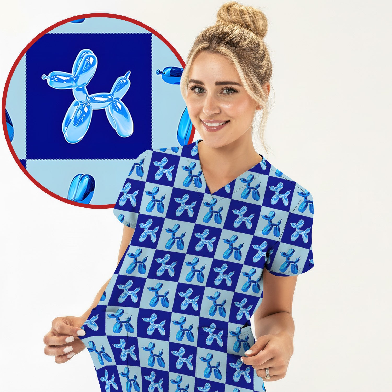 Cute Blue Balloon Dog Checkered Pattern Scrub Top, Breathable Fabrics Nursing Uniform