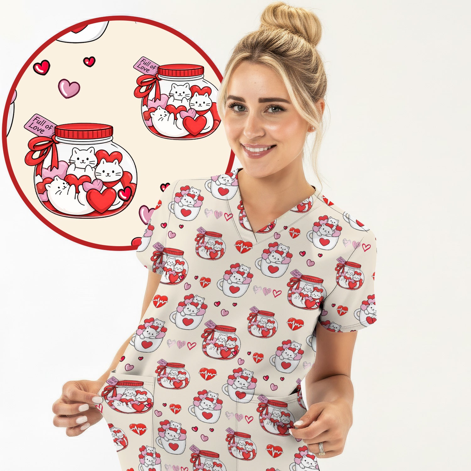 Cute Cat Valentine Nurse Scrub Top, Comfortable Scrubs for Nurses